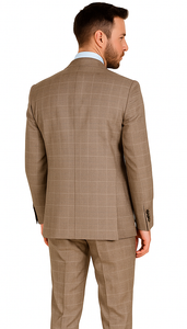 Mens 2 Button Vested Peak Lapel Plaid Suit in Tan
