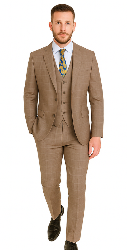 Mens 2 Button Vested Peak Lapel Plaid Suit in Tan - Image 8