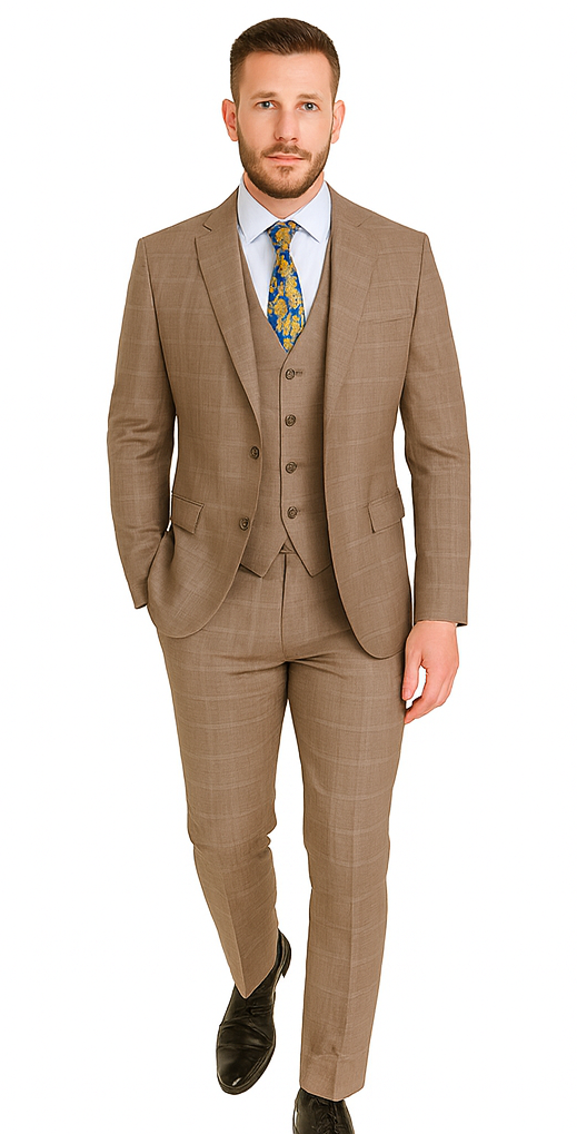 Mens 2 Button Vested Peak Lapel Plaid Suit in Tan - Image 8