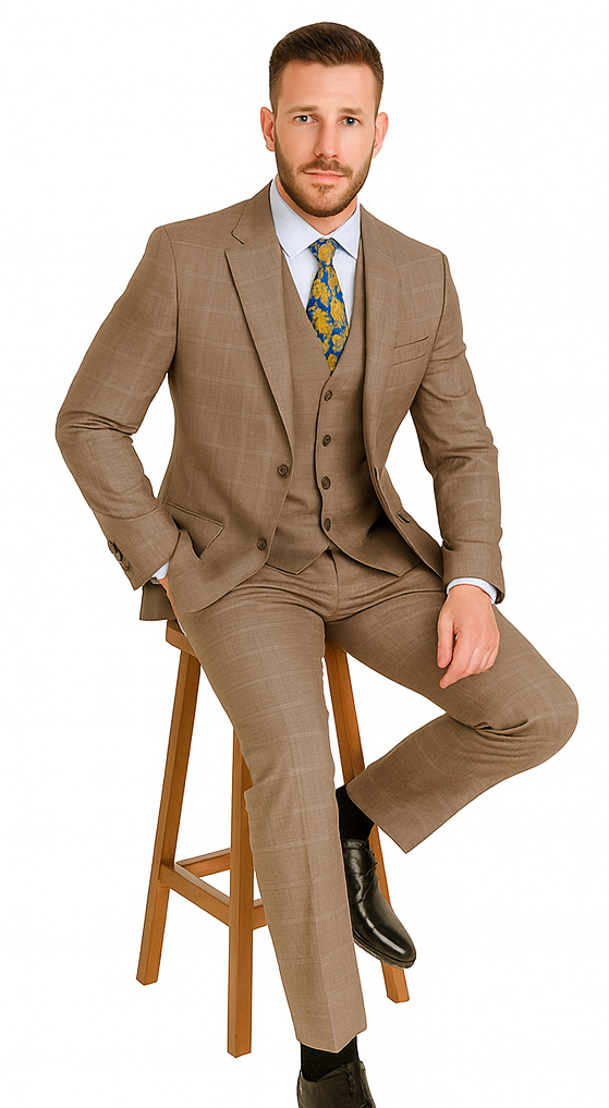 Mens 2 Button Vested Peak Lapel Plaid Suit in Tan - Image 2
