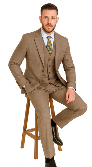 Mens 2 Button Vested Peak Lapel Plaid Suit in Tan - Image 2