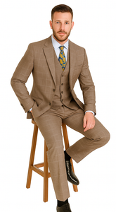 Mens 2 Button Vested Peak Lapel Plaid Suit in Tan