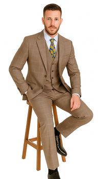 Mens 2 Button Vested Peak Lapel Plaid Suit in Tan - Image 2