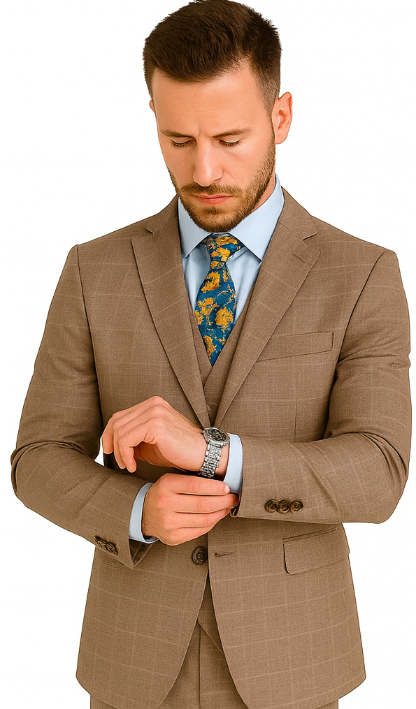 Mens 2 Button Vested Peak Lapel Plaid Suit in Tan - Image 4