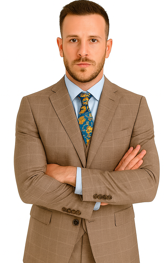 Mens 2 Button Vested Peak Lapel Plaid Suit in Tan - Image 5