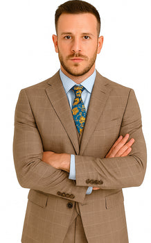 Mens 2 Button Vested Peak Lapel Plaid Suit in Tan - Image 5