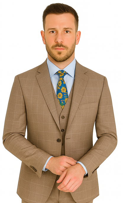 Mens 2 Button Vested Peak Lapel Plaid Suit in Tan - Image 6