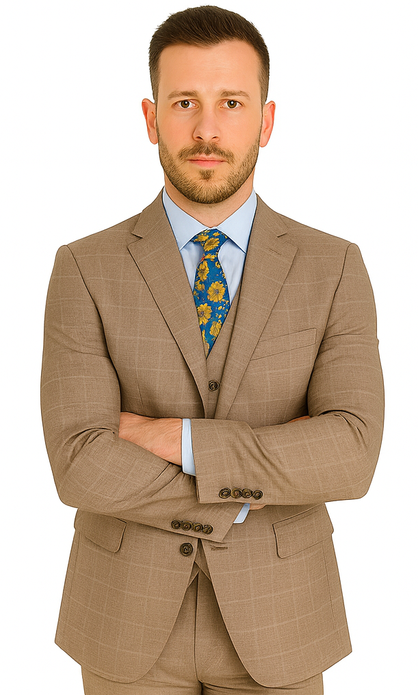 Mens 2 Button Vested Peak Lapel Plaid Suit in Tan - Image 7