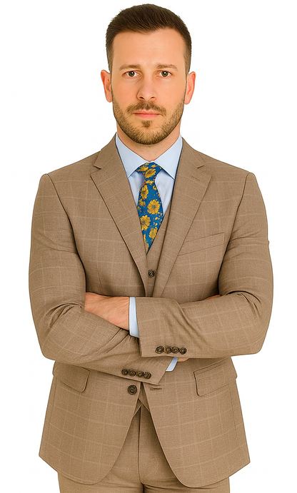 Mens 2 Button Vested Peak Lapel Plaid Suit in Tan - Image 7