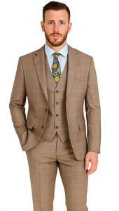 Mens 2 Button Vested Peak Lapel Plaid Suit in Tan