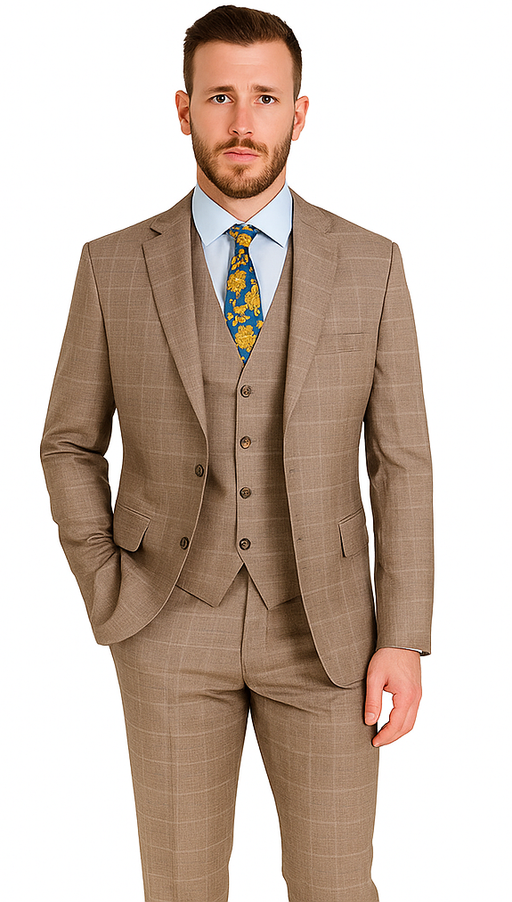 Mens 2 Button Vested Peak Lapel Plaid Suit in Tan