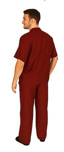 Men's 2 Piece Short Sleeve Casual Two Piece Mens Walking Outfit For Sale Pant Sets Set With Pleated Pants 100% Linen Shirt Wine