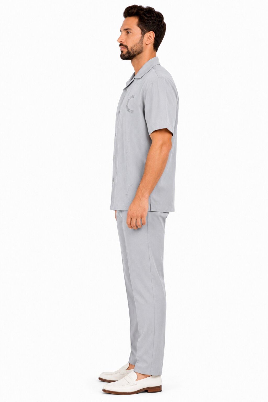 Men’s Light Gray Embroidered Walking Suit Set – 2 Piece Short Sleeve Casual Outfit