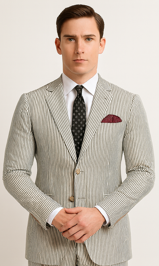 Mens Jacket + Pants Summer Seersucker Suit in Black Pinstripe main image 1