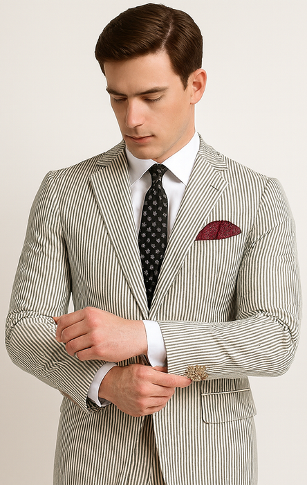 Men's 2pc Summer Seersucker Modern Fit Suit In Black Pinstripe