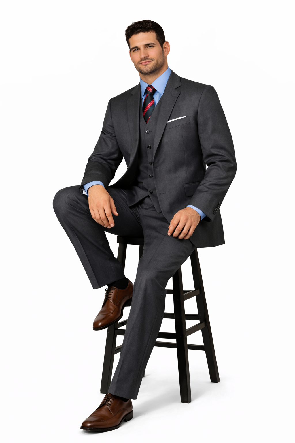 Men'S 3 Buttons Vested 3 ~ Three Piece Suit Super 150'S Poly~Rayon Solid Charcoal Gray Suits - Color: Dark Grey Suit
