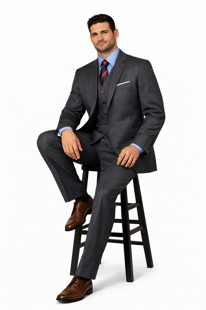 Men'S 3 Buttons Vested 3 ~ Three Piece Suit Super 150'S Poly~Rayon Solid Charcoal Gray Suits - Color: Dark Grey Suit