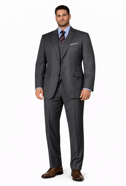 Men'S 3 Buttons Vested 3 ~ Three Piece Suit Super 150'S Poly~Rayon Solid Charcoal Gray Suits - Color: Dark Grey Suit
