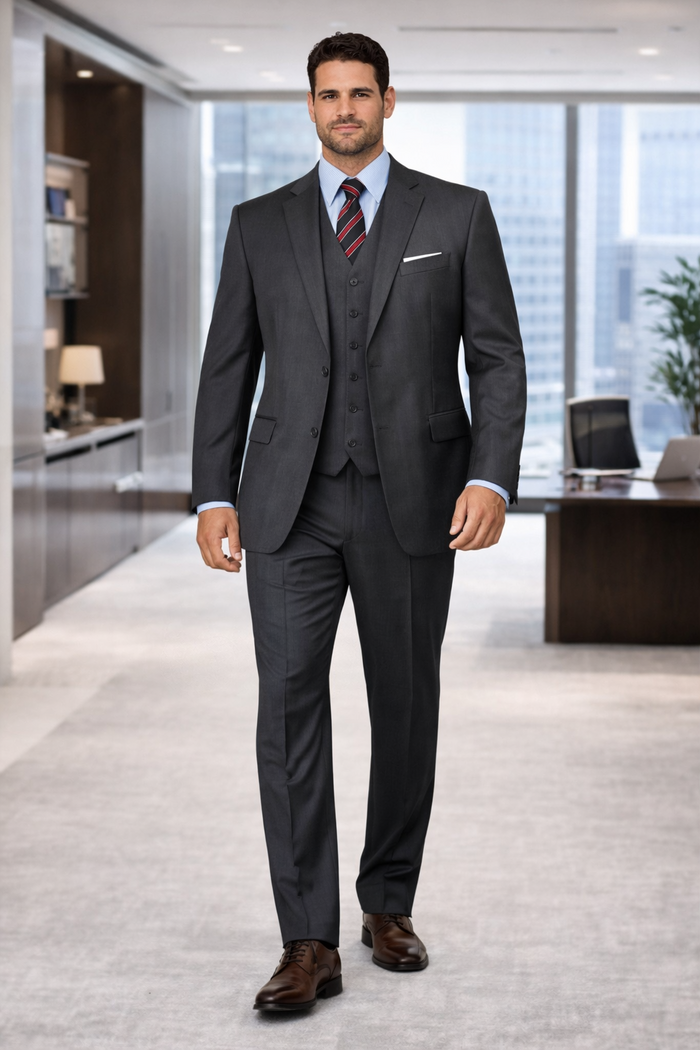Men'S 3 Buttons Vested 3 ~ Three Piece Suit Super 150'S Poly~Rayon Solid Charcoal Gray Suits - Color: Dark Grey Suit