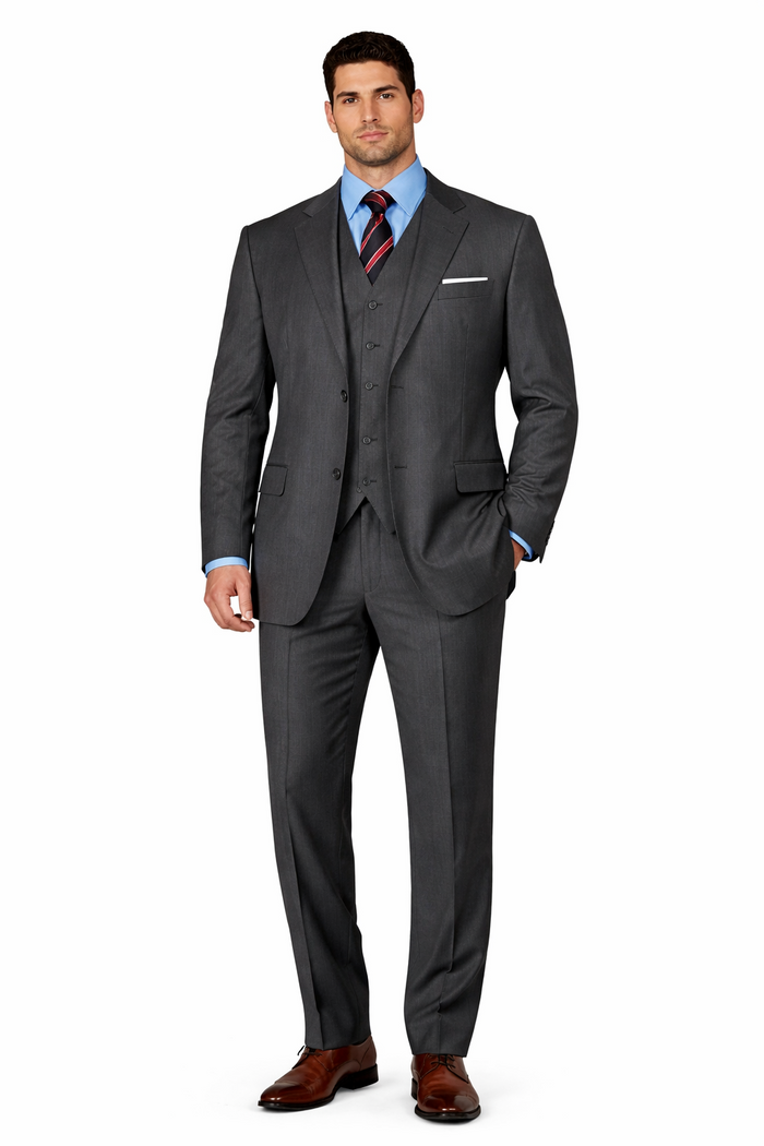 Men'S 3 Buttons Vested 3 ~ Three Piece Suit Super 150'S Poly~Rayon Solid Charcoal Gray Suits - Color: Dark Grey Suit