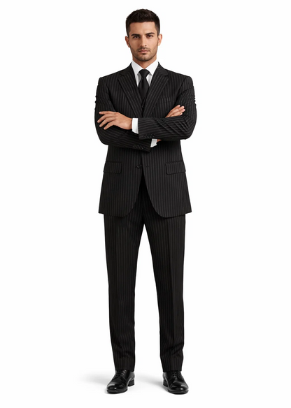 Men'S 3-Piece Black Bold White Chalk Bold Pinstripe Vested Cheap Priced Business Suits Clearance Sale