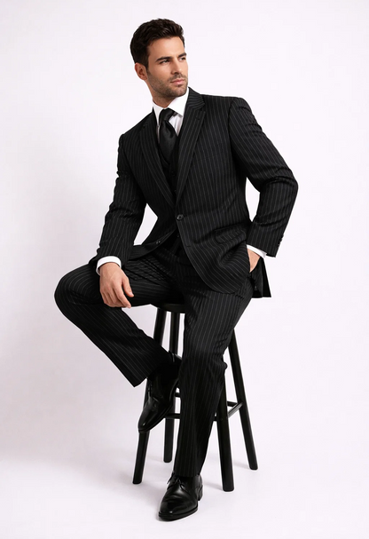 Men'S 3-Piece Black Bold White Chalk Bold Pinstripe Vested Cheap Priced Business Suits Clearance Sale