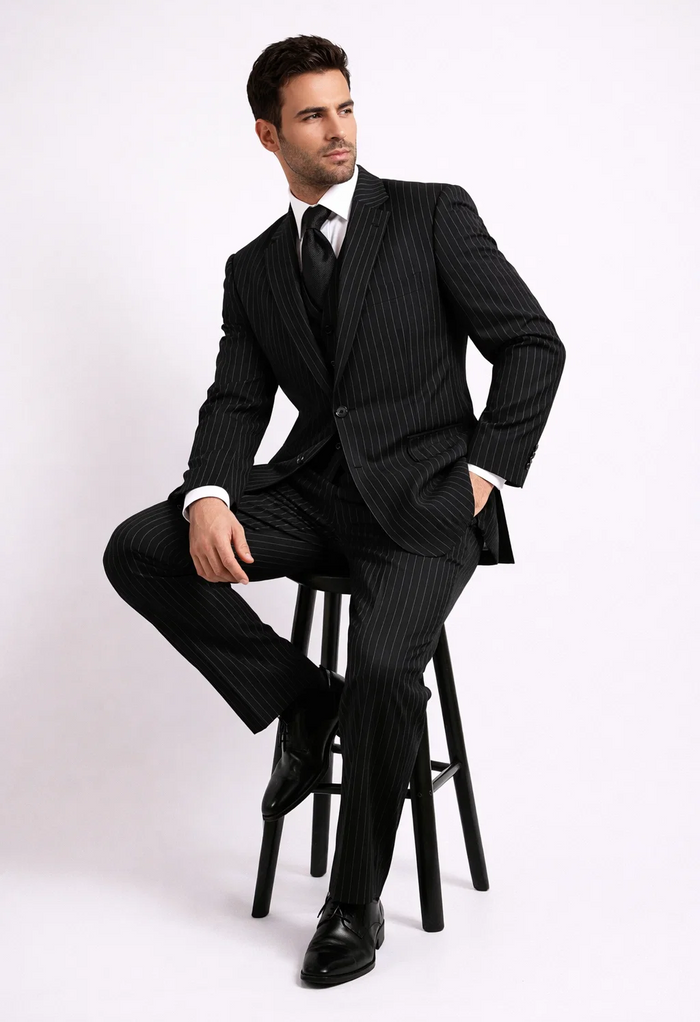 Men'S 3-Piece Black Bold White Chalk Bold Pinstripe Vested Cheap Priced Business Suits Clearance Sale