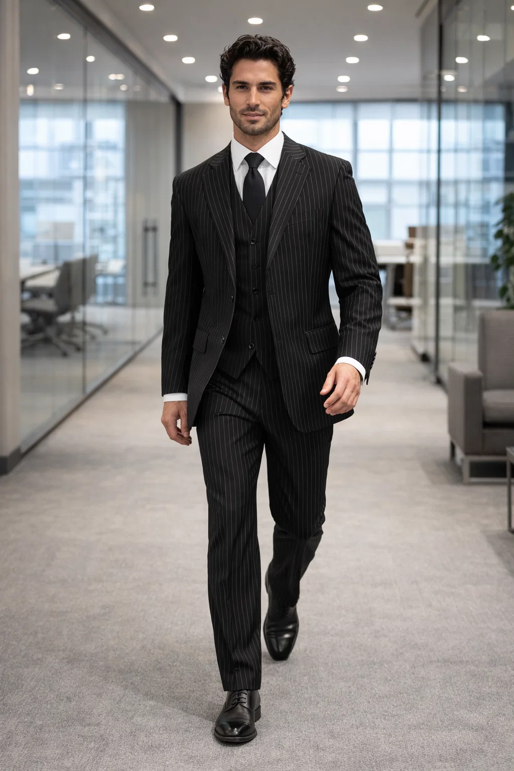 Men'S 3-Piece Black Bold White Chalk Bold Pinstripe Vested Cheap Priced Business Suits Clearance Sale