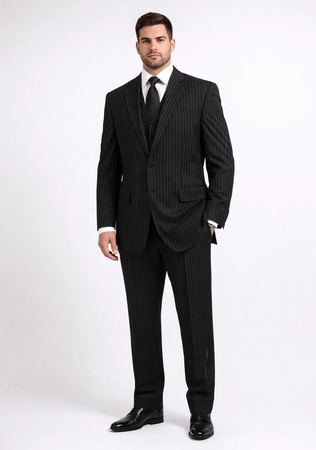 Men'S 3-Piece Black Bold White Chalk Bold Pinstripe Vested Cheap Priced Business Suits Clearance Sale