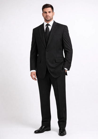 Men'S 3-Piece Black Bold White Chalk Bold Pinstripe Vested Cheap Priced Business Suits Clearance Sale