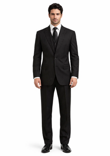 Men'S 3-Piece Black Bold White Chalk Bold Pinstripe Vested Cheap Priced Business Suits Clearance Sale