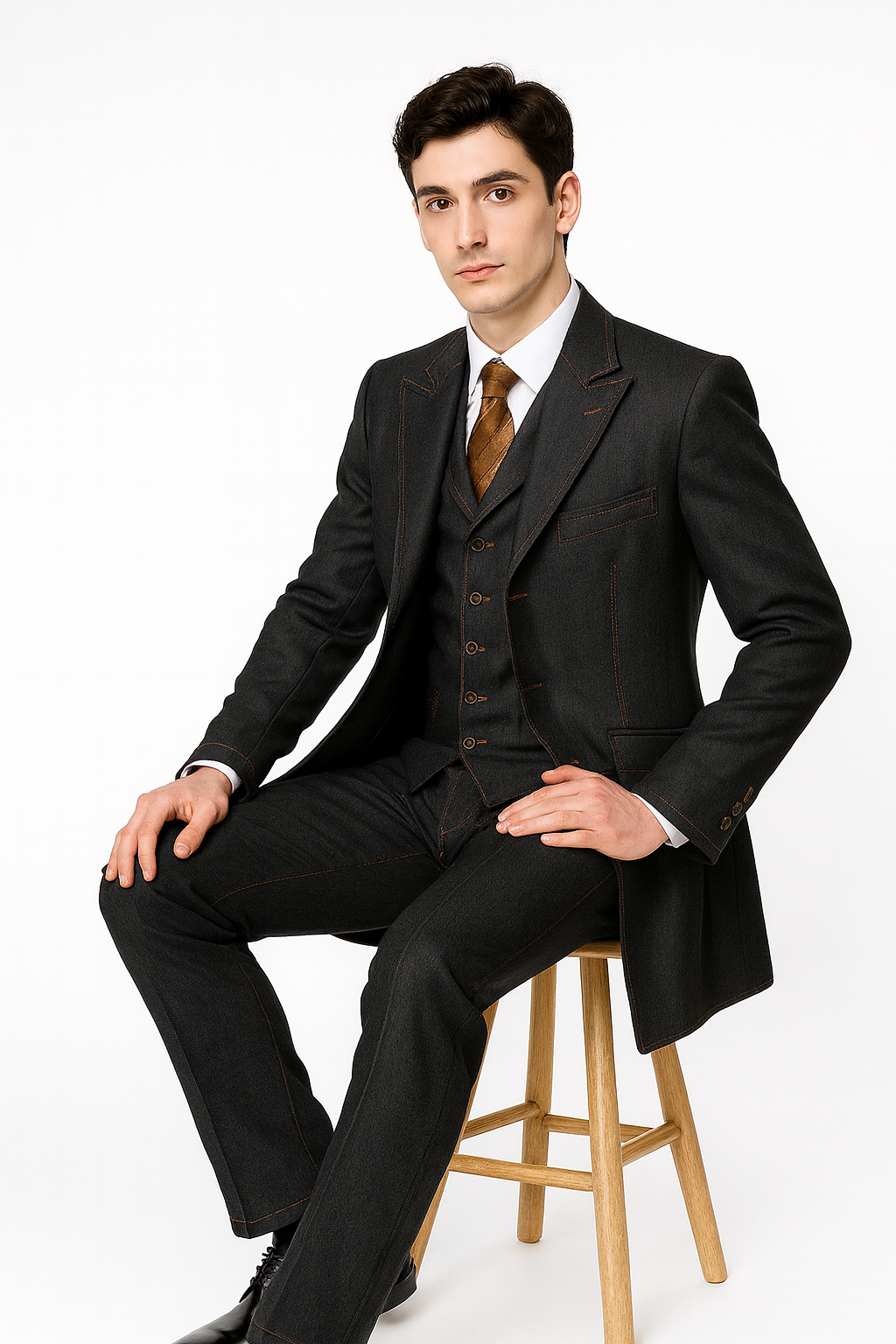 Men's 3 Piece Fashion Black Jean  Wide Leg Vested Long Cheap Priced Business Suits Clearance Sale - Image 4