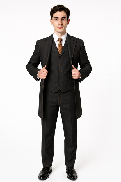 Men's 3 Piece Fashion Black Jean  Wide Leg Vested Long Cheap Priced Business Suits Clearance Sale - Image 8