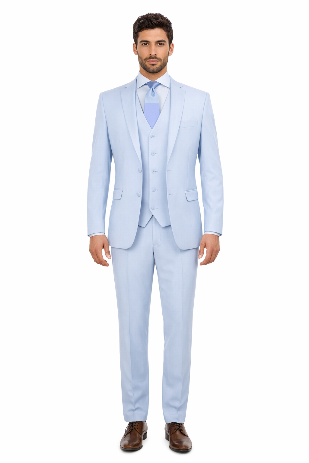 Mens 3 Piece Modern Fit Suits Poly Rayon vested blue suit Flat Front Pants - Light Blue Suit - Sky Blue Suit - Image 3