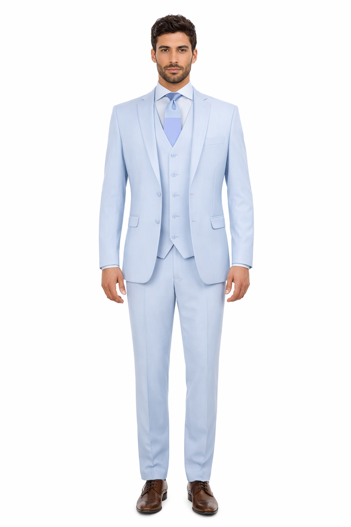 Mens 3 Piece Modern Fit Suits Poly Rayon vested blue suit Flat Front Pants - Light Blue Suit - Sky Blue Suit - Image 3
