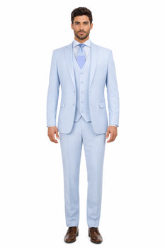 Mens 3 Piece Modern Fit Suits Poly Rayon vested blue suit Flat Front Pants - Light Blue Suit - Sky Blue Suit - Image 3
