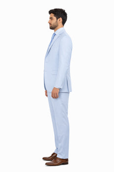 Mens 3 Piece Modern Fit Suits Poly Rayon vested blue suit Flat Front Pants - Light Blue Suit - Sky Blue Suit - Image 4