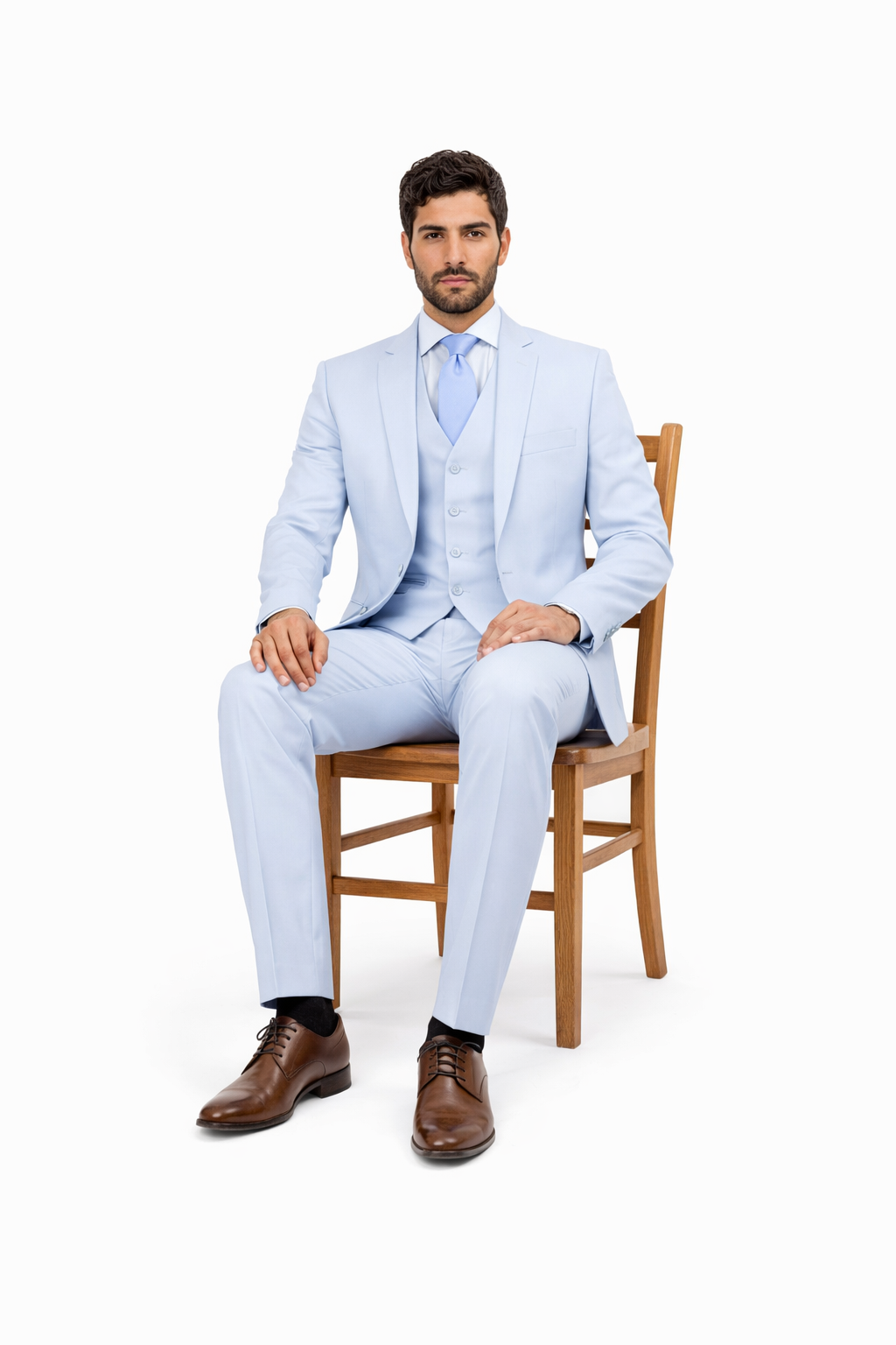 Mens 3 Piece Modern Fit Suits Poly Rayon vested blue suit Flat Front Pants - Light Blue Suit - Sky Blue Suit - Image 5