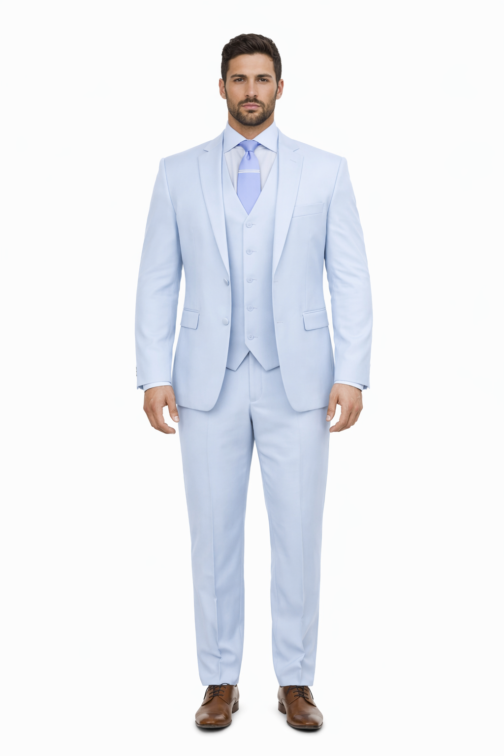 Mens 3 Piece Modern Fit Suits Poly Rayon vested blue suit Flat Front Pants - Light Blue Suit - Sky Blue Suit - Image 6