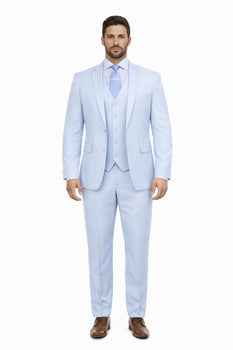 Mens 3 Piece Modern Fit Suits Poly Rayon vested blue suit Flat Front Pants - Light Blue Suit - Sky Blue Suit - Image 6