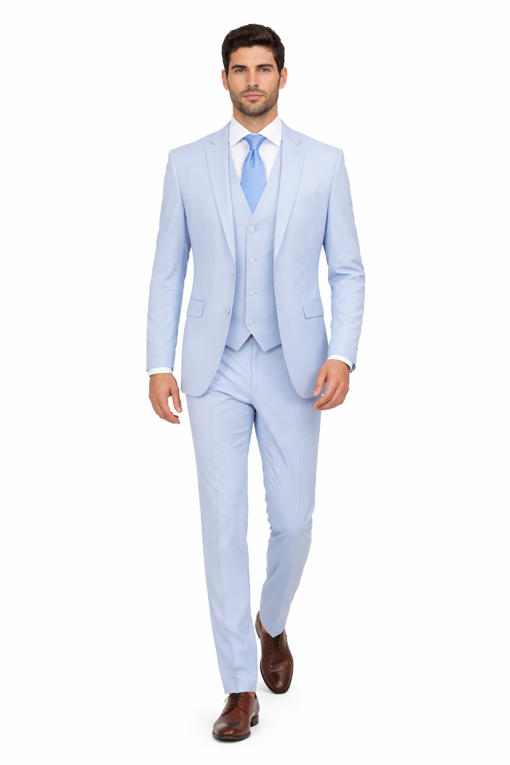 Mens 3 Piece Modern Fit Suits Poly Rayon vested blue suit Flat Front Pants - Light Blue Suit - Sky Blue Suit