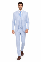 Mens 3 Piece Modern Fit Suits Poly Rayon vested blue suit Flat Front Pants - Light Blue Suit - Sky Blue Suit