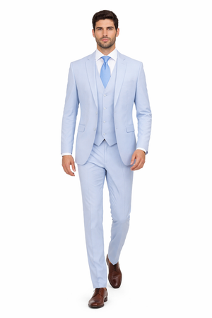 Mens 3 Piece Modern Fit Suits Poly Rayon vested blue suit Flat Front Pants - Light Blue Suit - Sky Blue Suit