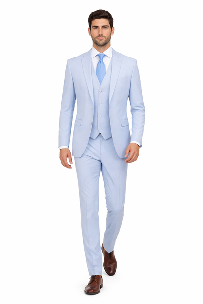 Mens 3 Piece Modern Fit Suits Poly Rayon vested blue suit Flat Front Pants - Light Blue Suit - Sky Blue Suit