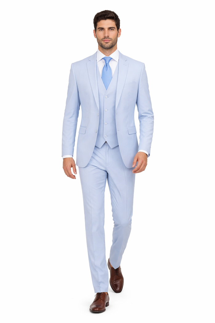 Mens 3 Piece Modern Fit Suits Poly Rayon vested blue suit Flat Front Pants - Light Blue Suit - Sky Blue Suit