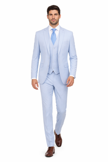 Mens 3 Piece Modern Fit Suits Poly Rayon vested blue suit Flat Front Pants - Light Blue Suit - Sky Blue Suit