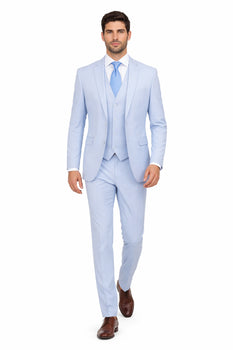 Mens 3 Piece Modern Fit Suits Poly Rayon vested blue suit Flat Front Pants - Light Blue Suit - Sky Blue Suit
