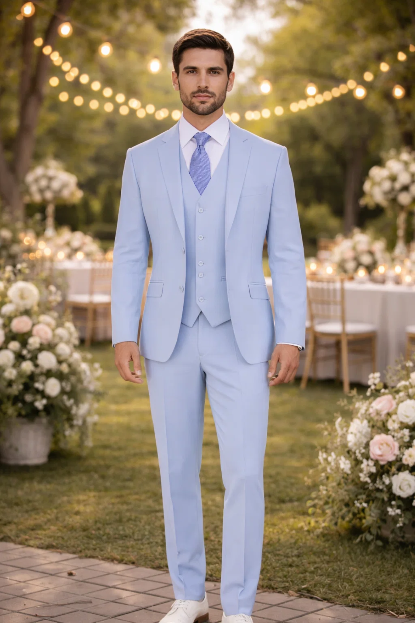Mens 3 Piece Modern Fit Suits Poly Rayon vested blue suit Flat Front Pants - Light Blue Suit - Sky Blue Suit - Image 7