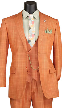 Vinci Mens Orange Three Piece Suit – Orange Windowpane Plaid 3PC Formal Suit for Wedding, Church and Business Holloween Color
