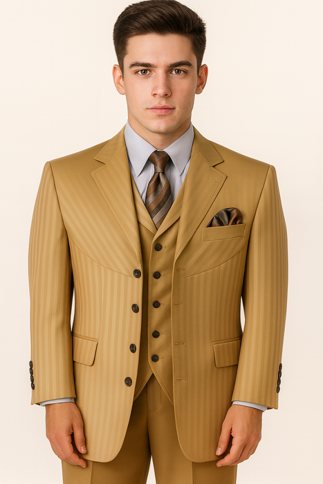 Mens 4 Buttons Semi Wide Leg Shiny Tonal Stripe Fashion Suits in Gold